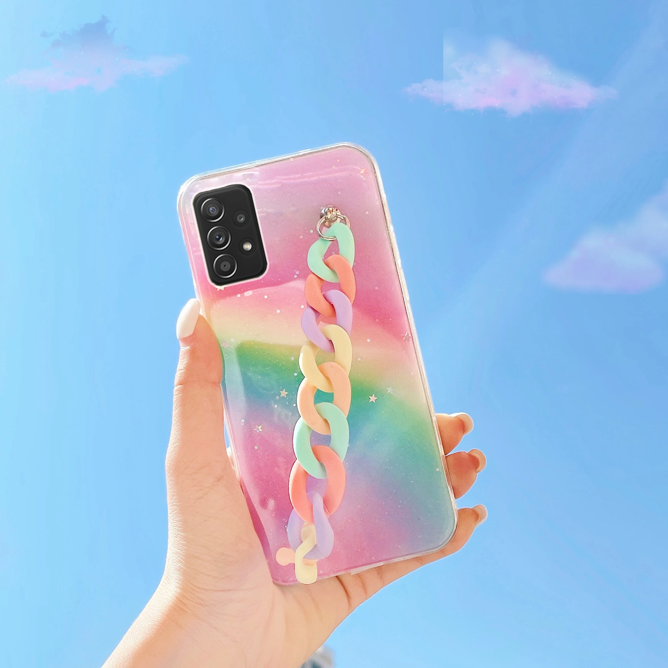 

Rainbow Wrist Strap Bracelet Case For Samsung Galaxy A52 A72 5G S21 S Note 20 Plus Ultra A51 A71 A42 A12 S20 FE Soft Phone Cover