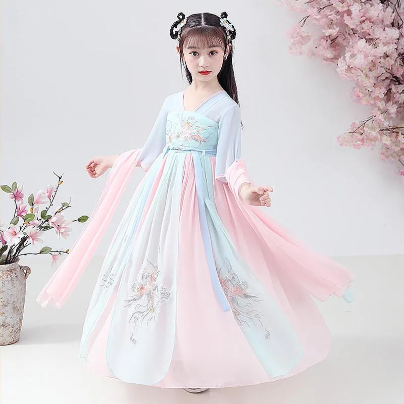 Детское летнее платье Ханьфу для девочек с коротким рукавом, китайское традиционное костюмное платье для косплея бабочки феи.