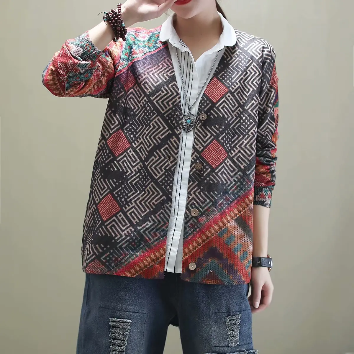 2020 Spring Autumn Sweater Women Retro Loose Cardigan All-match Tops New V-Neck Print Knitting Casual Coat |