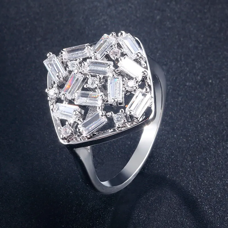 RAKOL Punk Shiny Baguette CZ Zirconia Stone Cluster Luxury White Gold Color Rings For Women Ladies Crystal Brand Finger Jewelry | Украшения