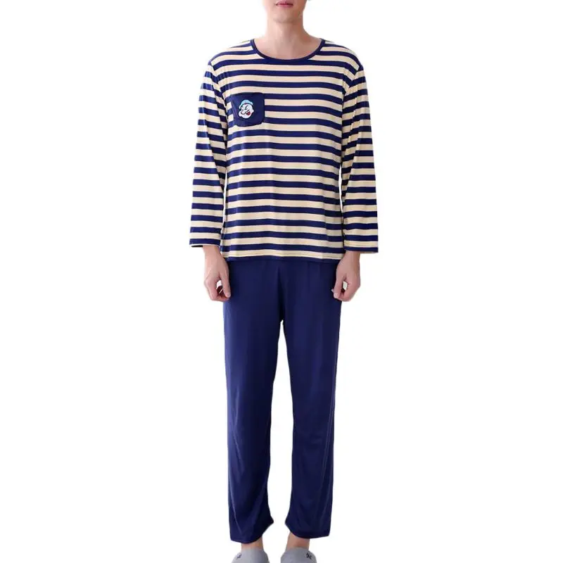 

Lovers Milk Fiber Pajamas Set Spring Cartoon Embroidered Pocket Stripe Sleepwear
