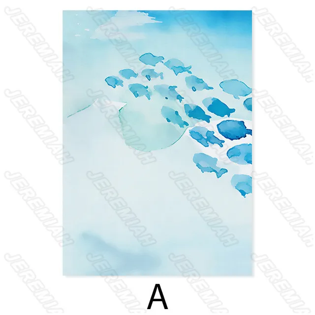 

Blue Ink Fish Landscape Poster Nordic Style Wall Art Canvas Print Painting Modern Living Room Decoration