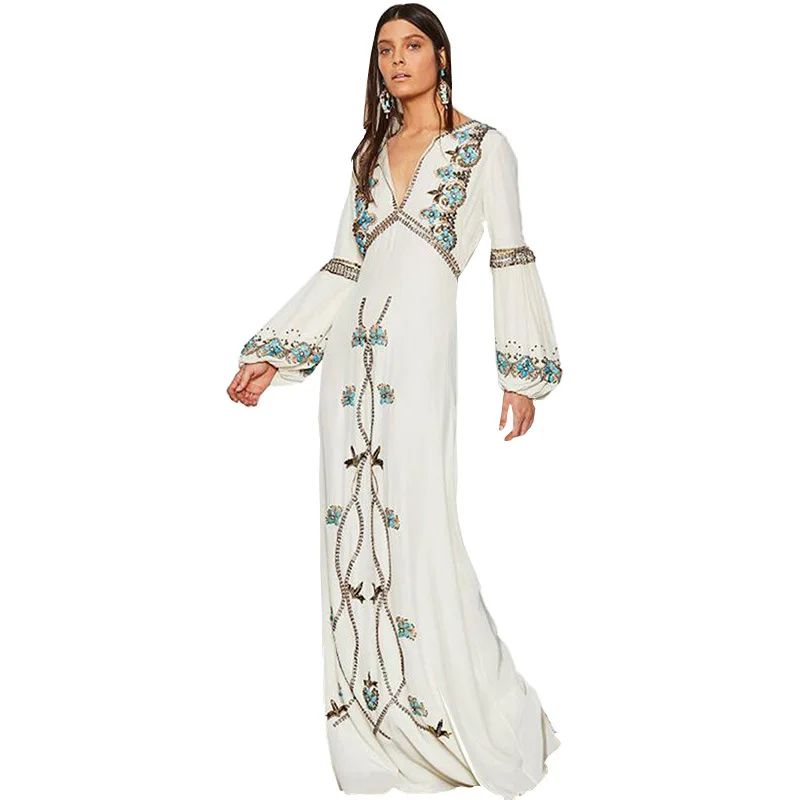 Женское платье с вышивкой FYL белое пляжное Бохо размера плюс длинным v образным