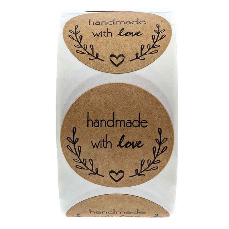 

1 Inch Round Natural Kraft Olive Branch Handmade With Love Stickers / 500 Labels Per Roll