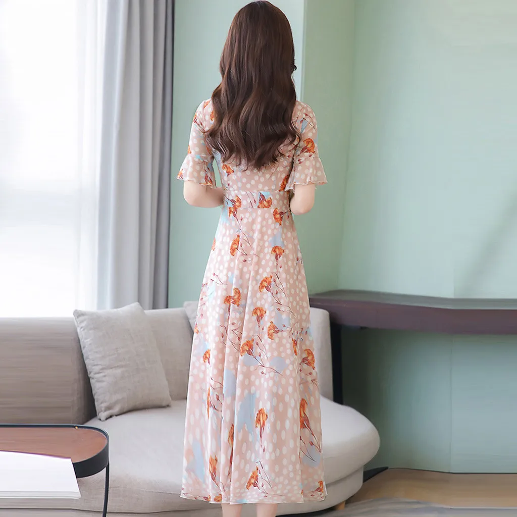Summer Women Dress Ladies V-Neck Short Sleeve Mid-Calf Dresses Floral Print Slim A-Line Casual Loose Clothes vestidos | Женская одежда