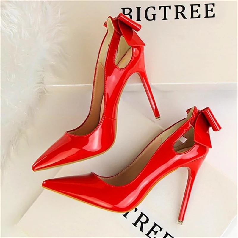 

SIZE 34-40 Cut-outs Bowtie Pointed Toe 10cm High Heels Solid Patent Leather Shallow Woman Party Pumps Office OL Shoes Woman