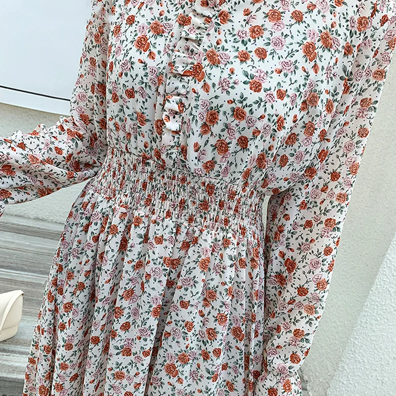 

Vintage V-neck Elastic Waist Women Dress Floral Print Female Dress 2020 New Fashion Autumn Winter A-line Chiffon Vestidos femme