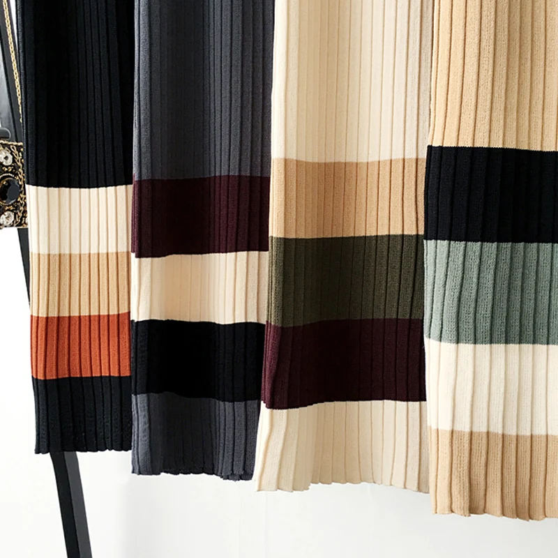 TIGENA Striped Knitted Cotton Skirt Women Fashion 2019 Fall Winter Korean Split High Waist Pleated Midi Long Female |
