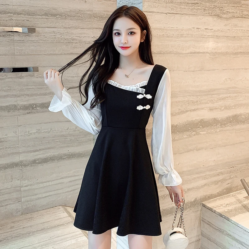 

Autumn New Formal Dress Black Long Sleeve Stitching Ruffled Square Collar Dress New Elegant Party Dress