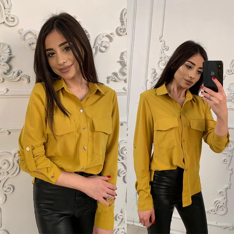 Женская блузка с длинным рукавом отложным воротником офисные рубашки 2019 осень