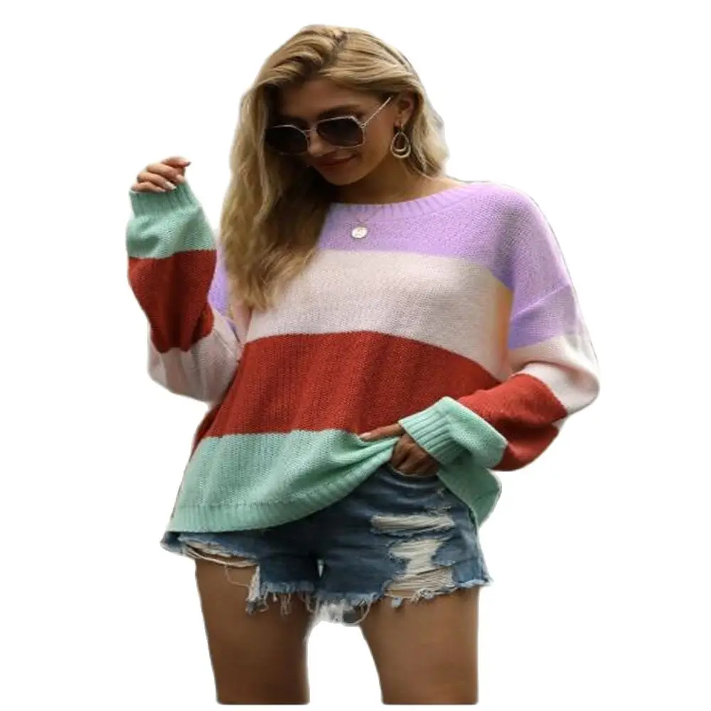 Autumn Fashion 2020 Women O-Neck Sexy Dew Shoulder Stripe Long Sleeve Pullovers Streetwear Casual Loose Lantern Sweater | Женская одежда