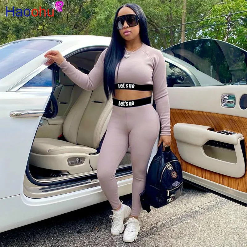 

HAOOHU Streetwear 2 Two Piece Set Women Activewear Outfits Long Sleeve Crop Top Leggings Women Sweatsuit Ladies Tracksuit Female