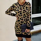 Платье-Свитер Женское зимнее, с длинным рукавом и леопардовым принтом