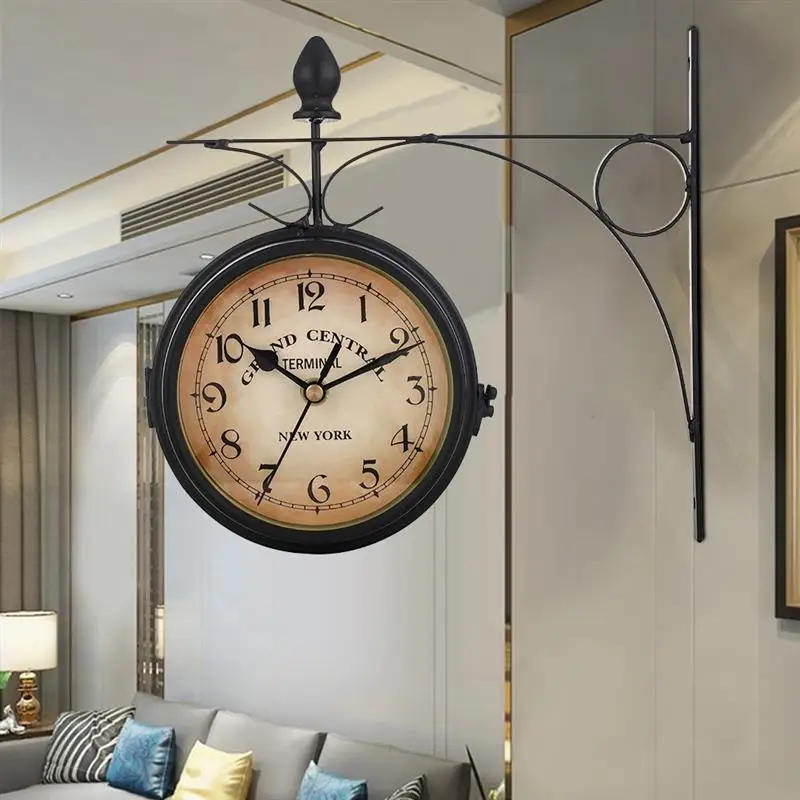 

Wall Clock Hanging Retro Double Sided Battery Powered Metal ​HDGlass Clock Face Round Clock for Garden Coffee Bar Decoration