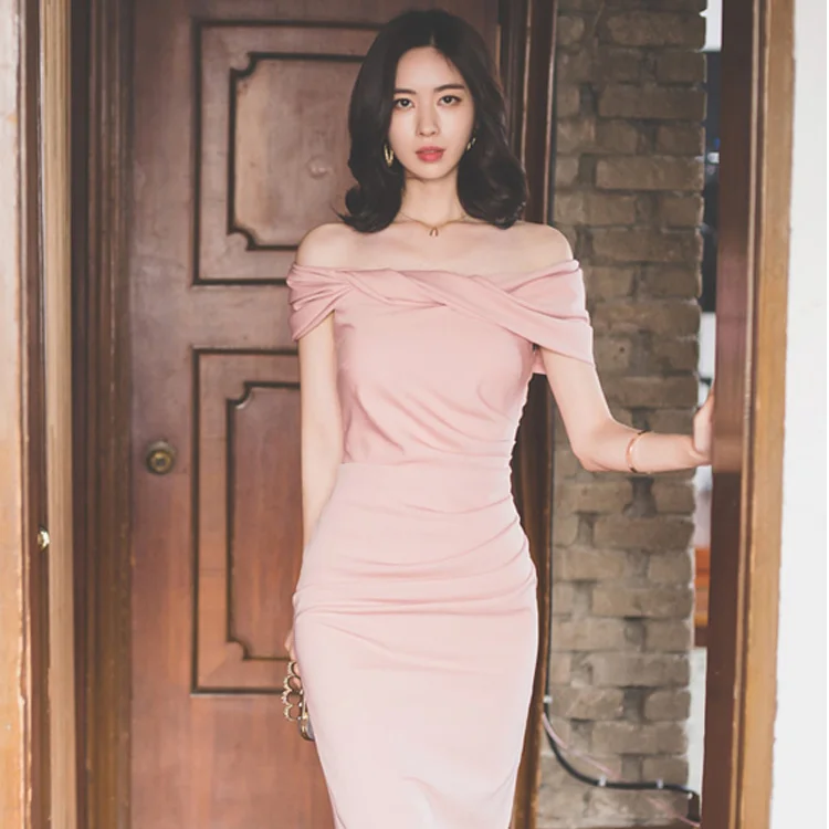 

COIGARSAM Sexy Women dress Summer Slash neck Dresses Pink Black 9858