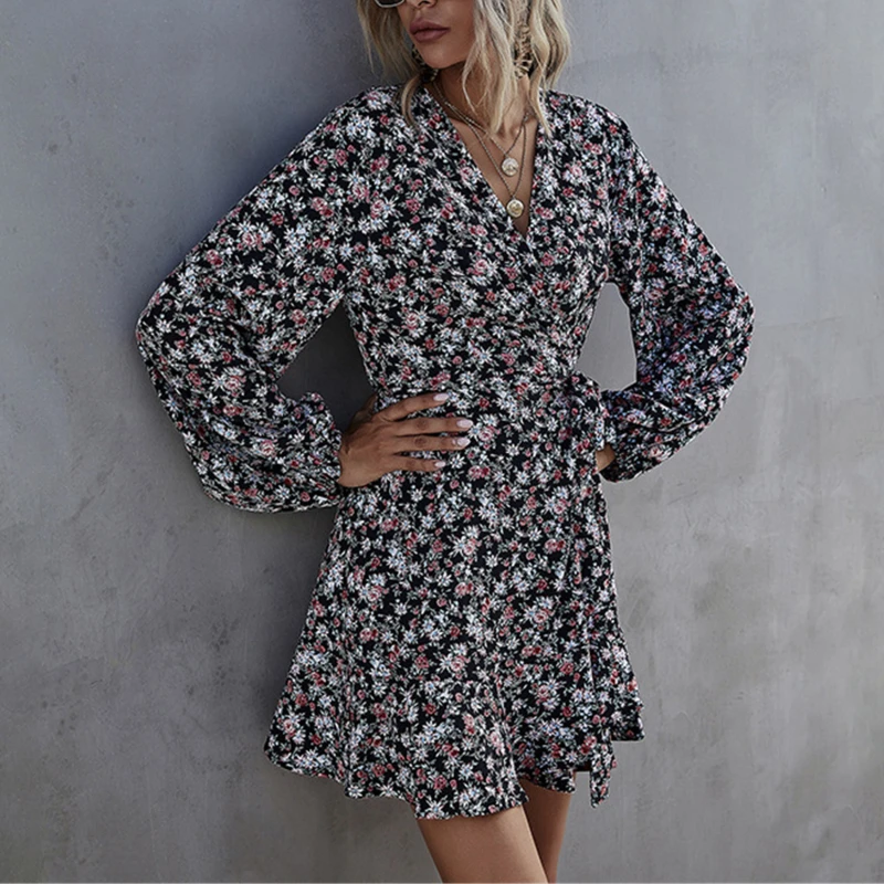 

Spring New Short Print Dress Female Casual Lantern Sleeve Ruffles High Waist Floral Dress For Woman 2021 Summer Dress