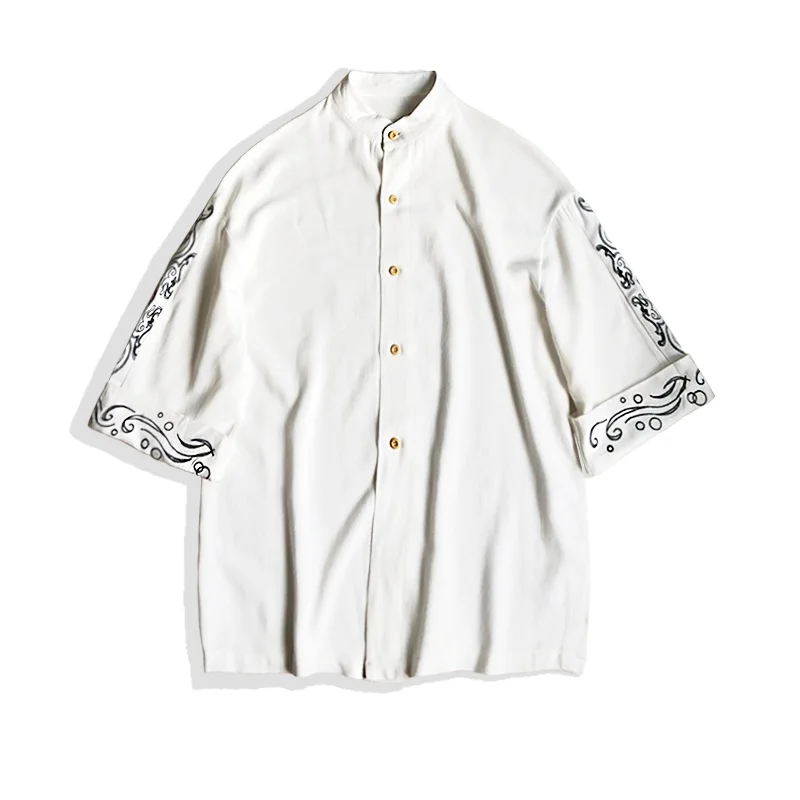 

Vintage Men Shirt Cotton Embroider Solid Mandarin Collar 2021 Streetwear Blouse Traditional Chinese Clothing For Men Shirt