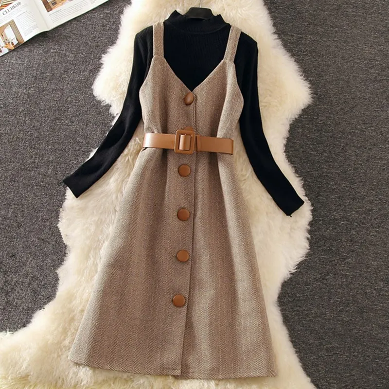 Весеннее зимнее элегантное женское платье миди на бретелях с длинным рукавом