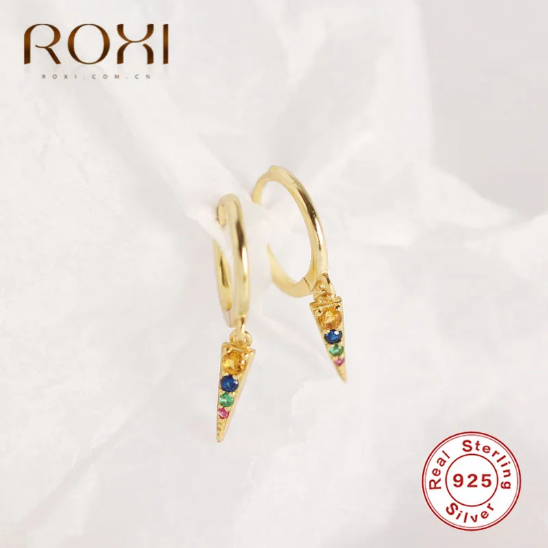 ROXI радужные циркониевые сережки с хрусталем серьги из стерлингового серебра 925 пробы для женщин ювелирные изделия корейские треугольные серьги-гвоздики с подвеской