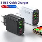 Зарядное устройство USB, 3 порта, 3 А, адаптер для быстрой зарядки телефона, зарядное устройство для iPhone, Samsung, Xiaomi, настенное зарядное устройство со светодиодным дисплеем, ЕС