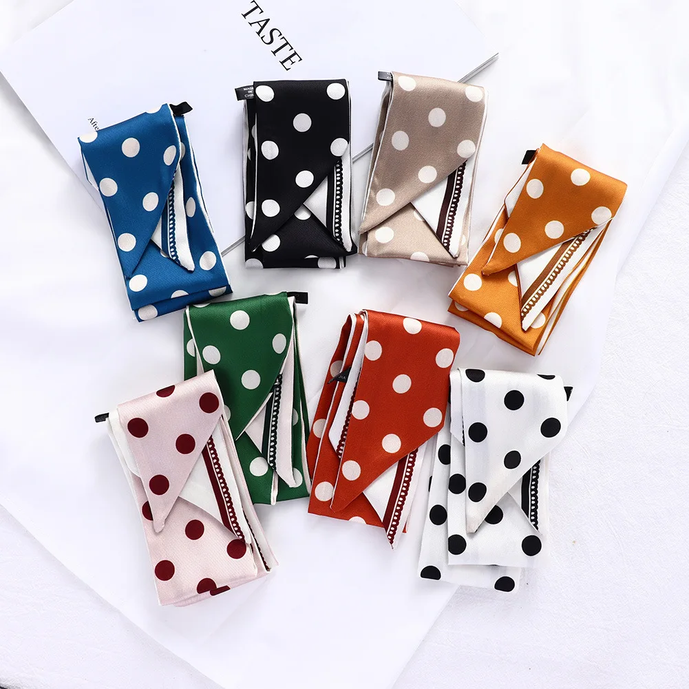 

2021 New Designer Black White Long Small Skinny Polka Dot Silk Satin Scarf Neckerchief Women Bag Hair Band Tie Scarfs for Ladies