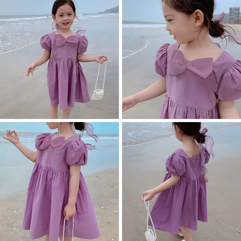 

Girls Retro Temperament Bow Bubble Sleeve Princess Dress Girl Clothes Toddler Kids Dress 2-7Years