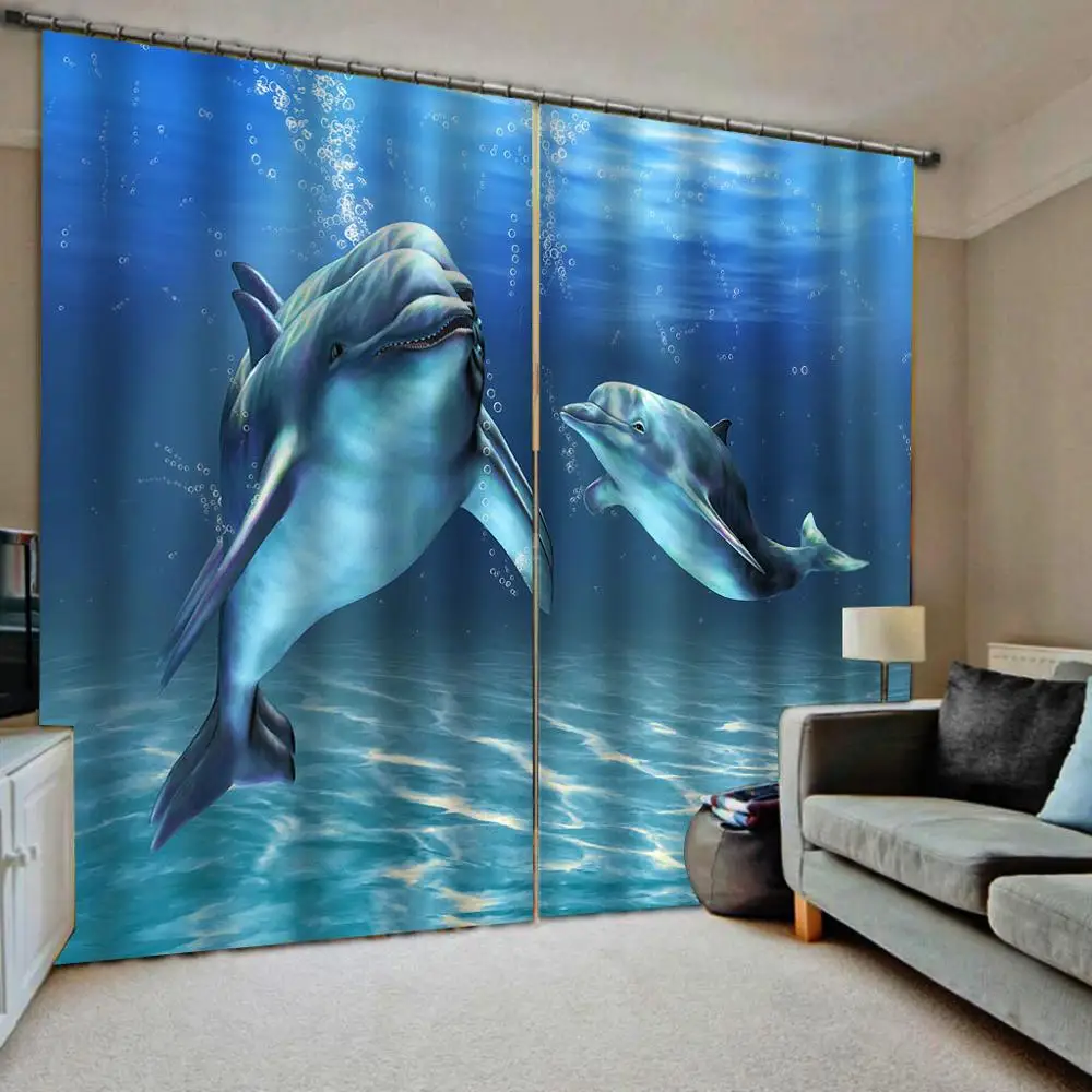 

3D dolphin Window Curtains For Living room Bedroom Kids Children Room Curtain Drapes blue underwater world Blackout Drapes
