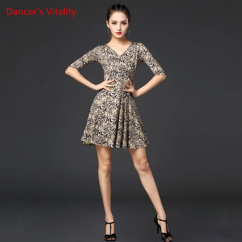 

Женское платье для латиноамериканских танцев, сексуальное платье с леопардовым принтом и рукавом до локтя, новинка, одежда для бальных танц...