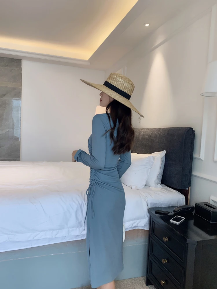 

NIJIUDING Fall Women Long-sleeved Dress Slim Slim High Waist Side Split Tether Long Skirt Knitted V-neck Long Skirt Fashion Wild