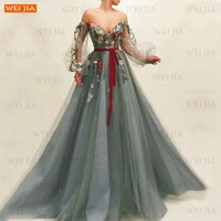 sexy gray prom dress 2021 vestidos de fiesta off shoulder appliqus tulle a line women dresses party gown long sleeves robe femme