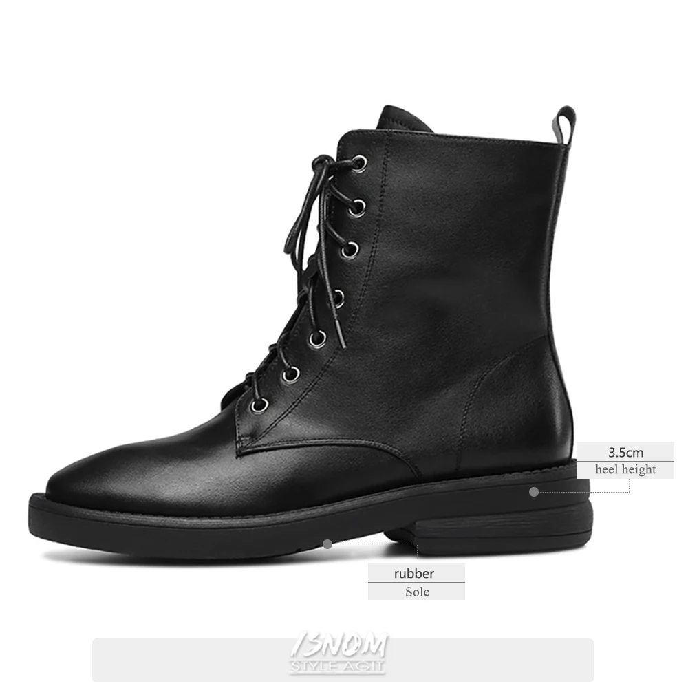 

ISNOM New Arrive Genuine Leather Ankle Boots Women Cross Tied Shoes Woman Booties Chunky Heels Ladies Shoes Platform Short Boots