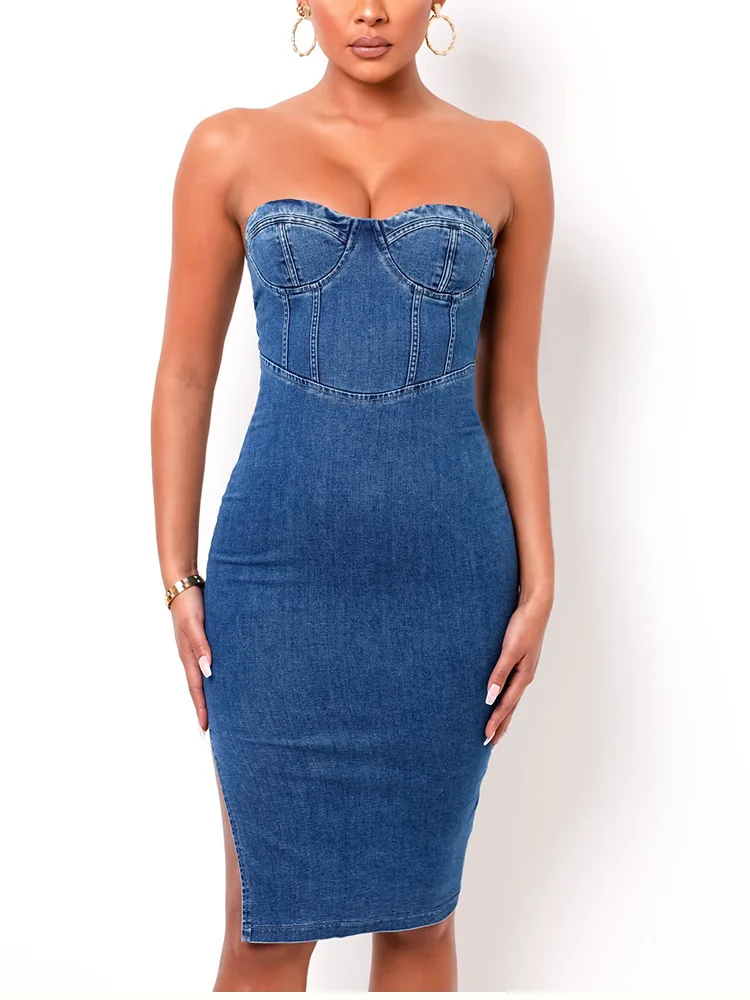 

2021 Summer Newest Women Sexy Bodycon Denim Dress Strapless Sleeveless Backless Clubwear High Split Knee-Length Party Dresses