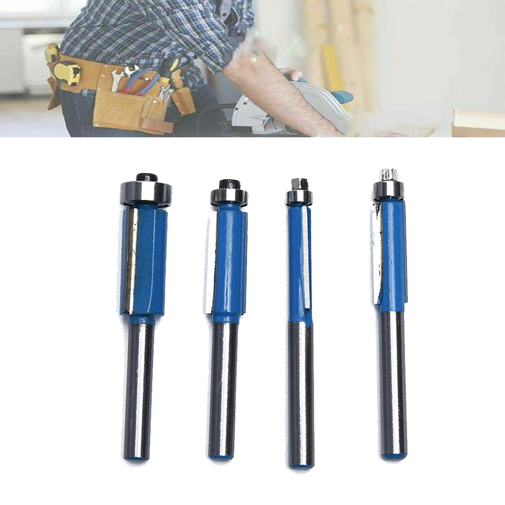 

Professional Flush Trim Router Bit Set 4pcs Edge Cutting End Dual Flute Bearing Bit Tool Blue+Silver