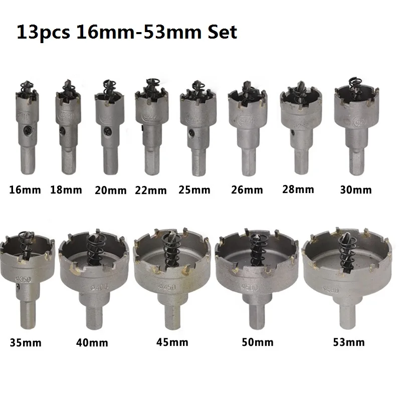 13pcs 16-53mm Set XCAN 13 шт. 16-53 мм отверстие пилы Набор Твердосплавный Наконечник отверстие пилы резак дерево/Металл ядро сверло Отверстие пила сверло - Цвет: 13pcs 16-53mm Set