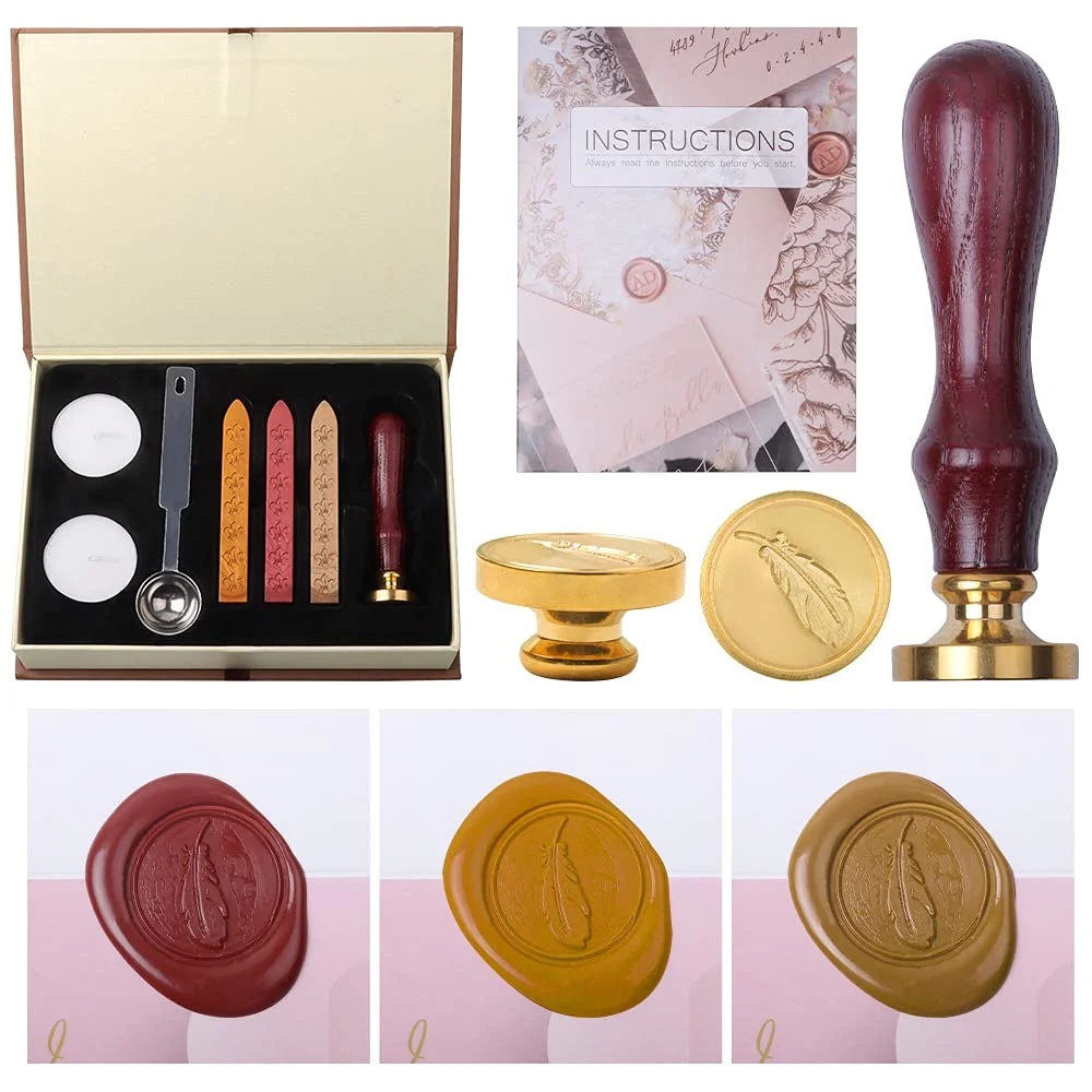 

Wax Seal Stamp Kit Retro Creative Sealing Wax Gift Box Set with Vintage Classic Feather Wax Seal Stamp Letter Writing kit