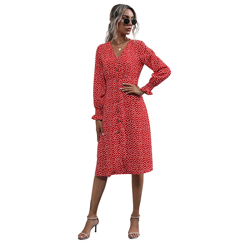 

Spring new European and American sexy midskirt broken flower V collar horn long sleeve dress woman