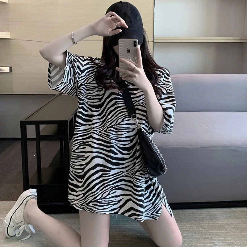 

kpop women's dresses 2021 summer new Korean ins striped loose mid-length short-sleeved Zaraing T-shirt female top Woman clothes