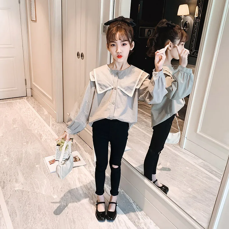 

Girls shirts 2021 spring new girls lace round neck shirts CUHK college style Korean shirts