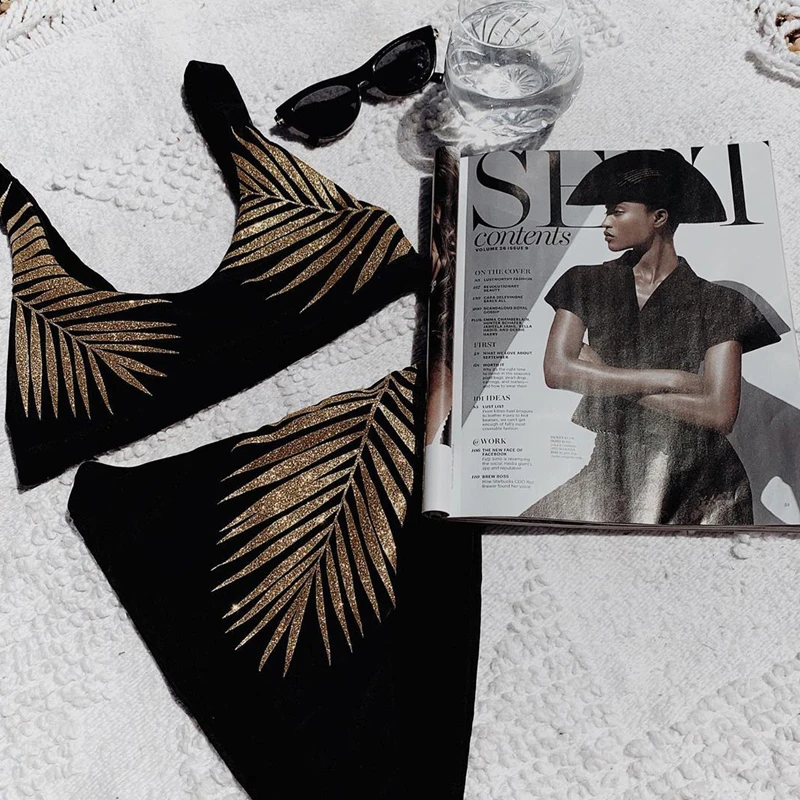 Женский купальник с принтом золотых листьев привлекательный комплект бикини