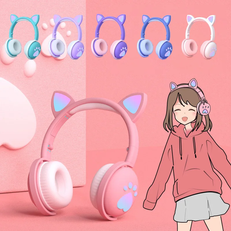 Best Gift Bluetooth 5.0 Headphones LED Cat Ear Foldable Headset HiFi Stereo Bass With Mic 3.5mm Plug For Girls Kids Headphone |