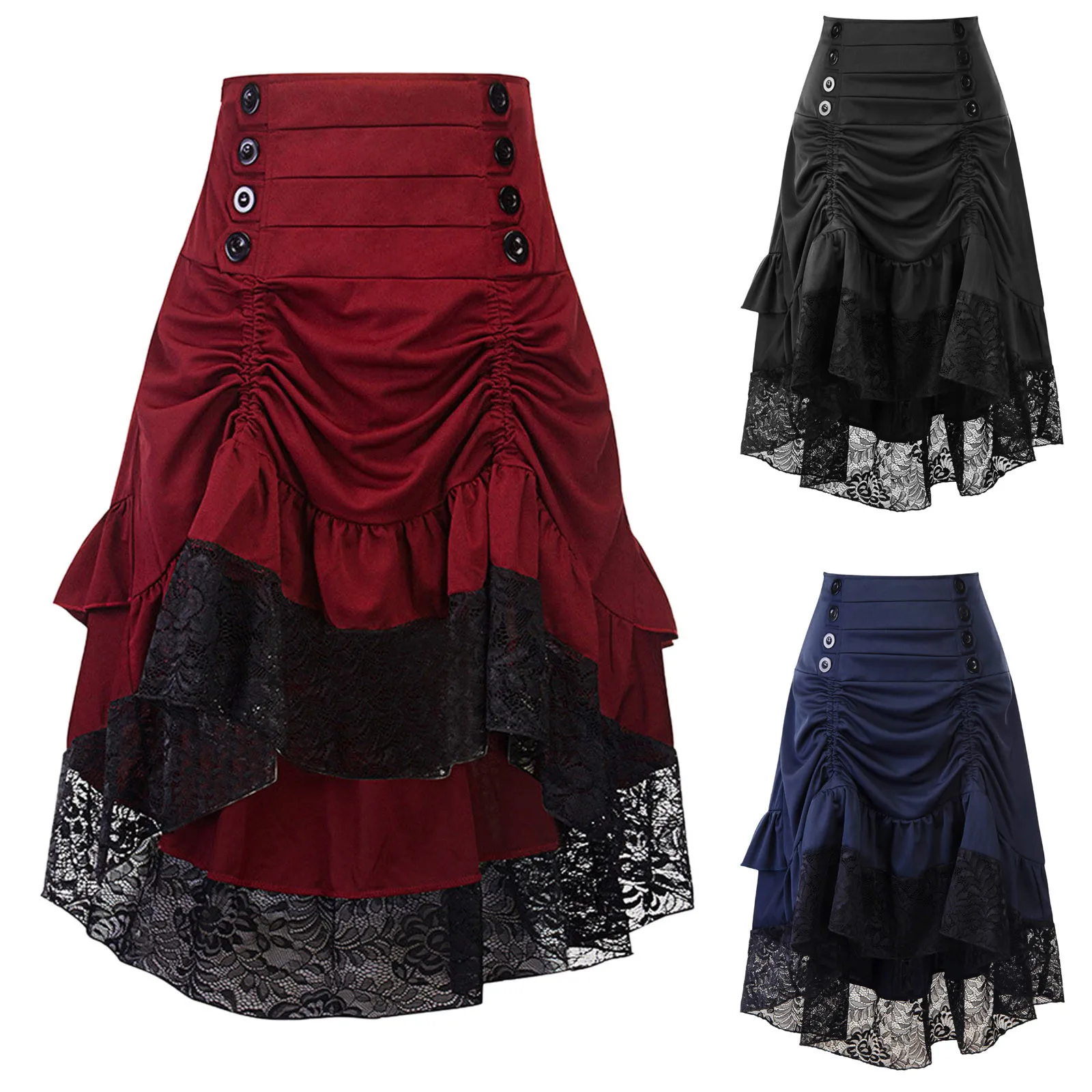 

Ladies Retro Skirts Gothic Style Medieval Lace Drawstring Stitching Mid-length Skirt Sexy High Waist Button Pleated Skirt