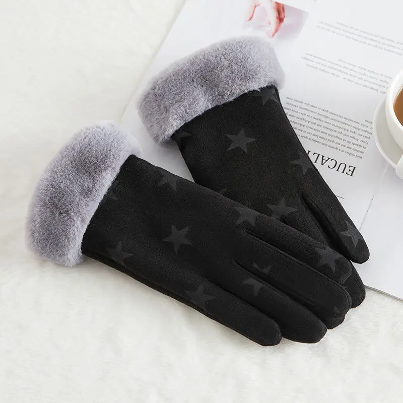 N912-Star Black Sparsil сенсорный экран для женщин замшевые перчатки зимние искусственные кроличьи волосы запястья рот перчатки утолщение теплая шерсть флис варежки - Цвет: N912-Star Black