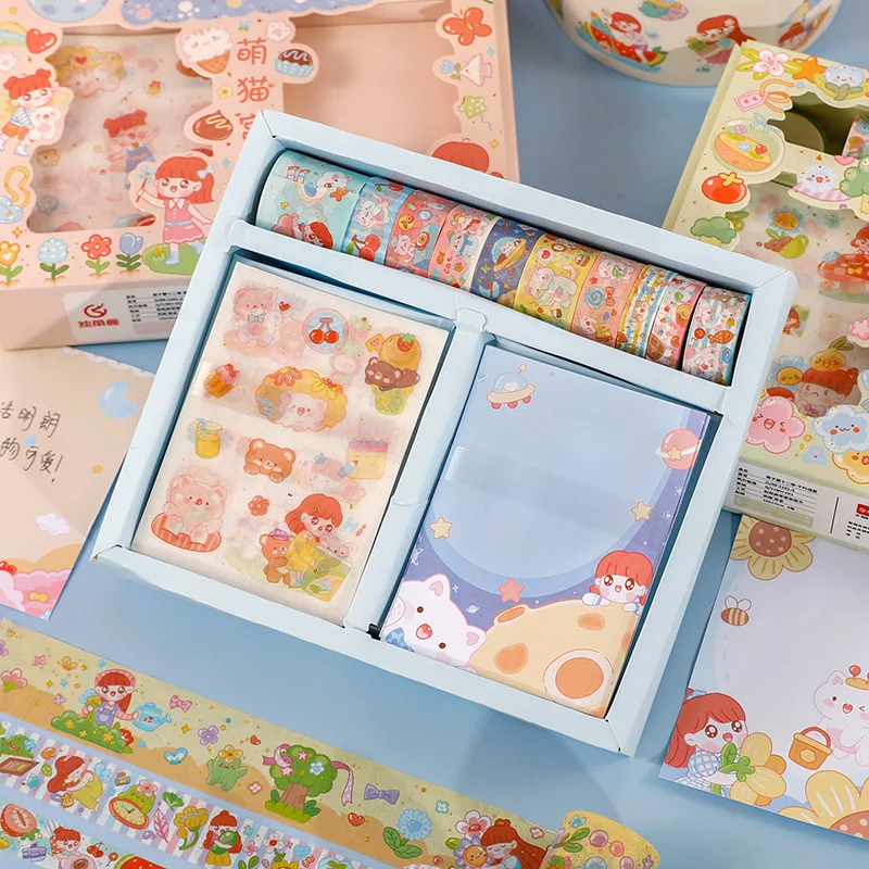 

10pcs Stickers 25 Sticky Notes 6 Rolls Washi Tape Set Gift Box Kawaii Cartoon Creative Scrapbooking Sticker Stationery Supplies