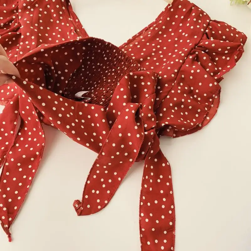 Милая плиссированная блузка в горошек с V образным вырезом короткие шифоновые