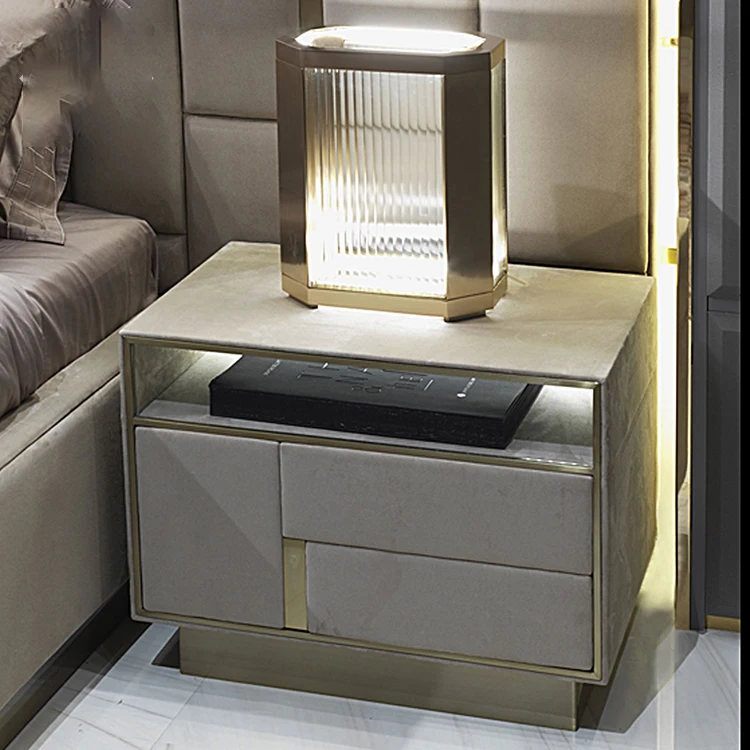 

Manufacturers wholesale light luxury bedside storage cabinet corner table living room simple stainless steel leather nightstand