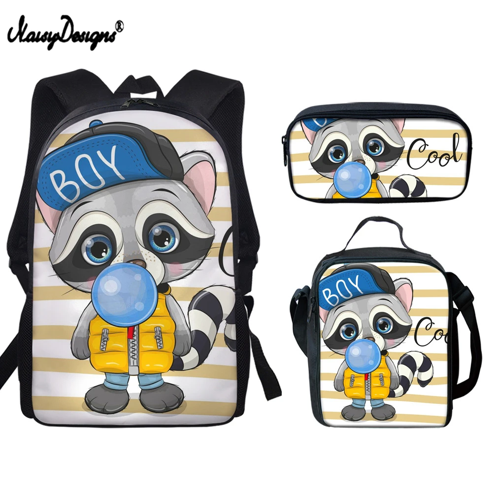 

NOISYDESIGNS 3pcs/set Cartoon Raccoon Pattern School Backpack for Girls Boys Schoolbag Primary Students Casual Book Bag Mochila