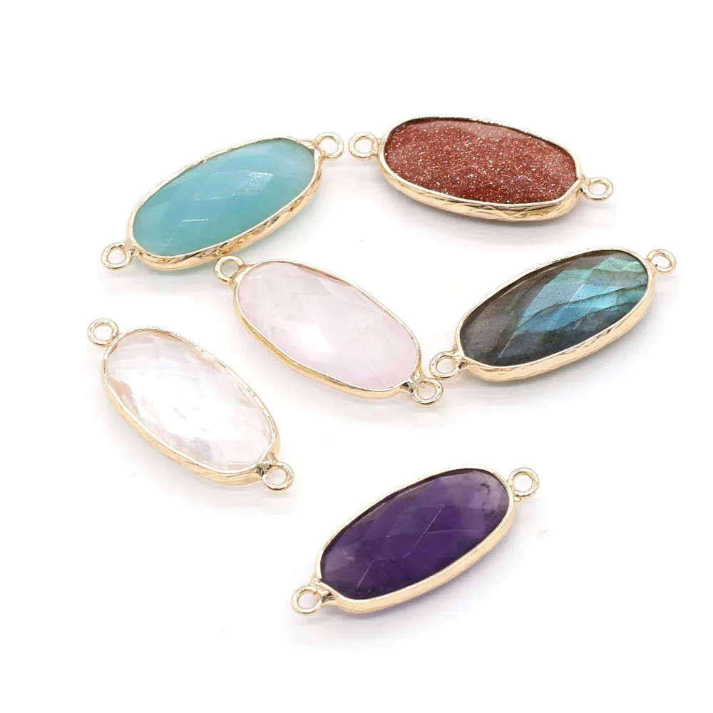 

Natural Stone Pendants Double Hole Rose/Purple Quartzs Connector for Charms Jewelry Accessories DIY Necklaces Bracelet 11x27mm