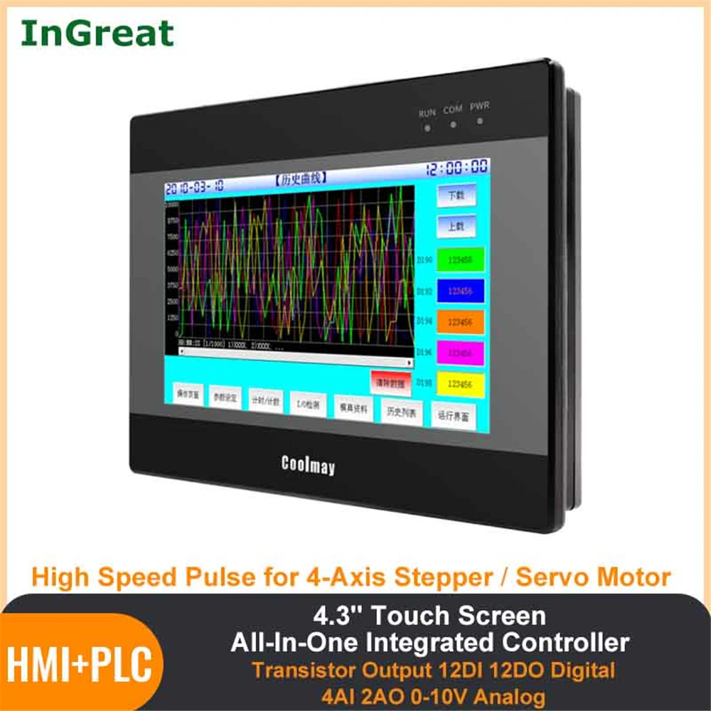 4 3 ''HMI PLC интегрированный транзистор контроллер Выход 4AI 2AO 0 10В аналоговый 100/200