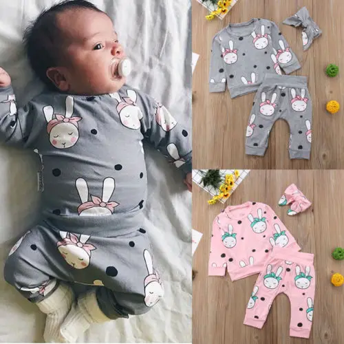 

PUDCOCO 0-2T Toddler Baby Girl Rabbit Long Sleeve Tops T-shirt+Long Pants+Headband Casual Cotton Clothes kids Outfit Set 0-24M