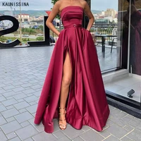 strapless prom party simple satin evening dress side slit party gown robe a line floor length formal dresses vestidos